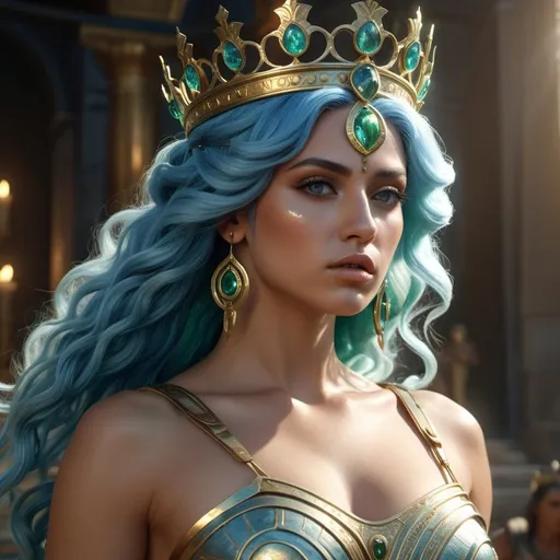 Prompt: HD 4k 3D, 8k, hyper realistic, professional modeling, ethereal Greek Goddess Calydonian Princess, blue hair, olive skin, gorgeous glowing face, flowing dress, green gemstone jewelry and crown, combat warrior, drives a chariot, bloody, surrounded by ambient divinity glow, detailed, elegant, mythical, surreal dramatic lighting, majestic, goddesslike aura