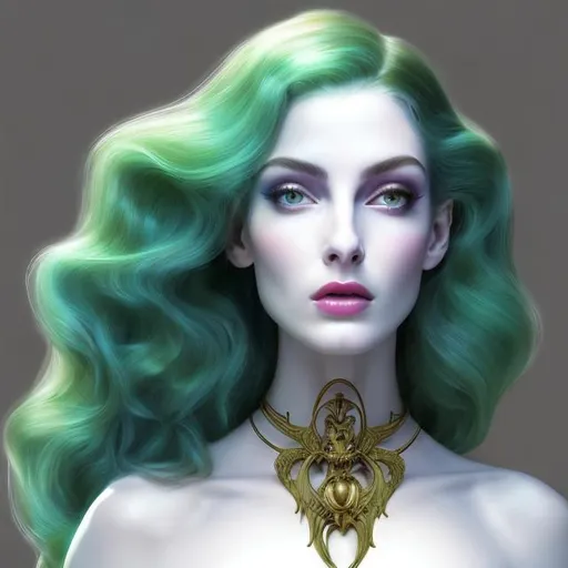 Prompt: HD 4k 3D, hyper realistic, professional modeling, ethereal Greek demon goddess of shape shifting, green hair, pale skin, ghostly gown, gorgeous face, brass jewelry and crown, full body, ambient ghostly glow, half donkey body, spectral, detailed, elegant, ethereal, mythical, Greek, goddess, surreal lighting, majestic, goddesslike aura