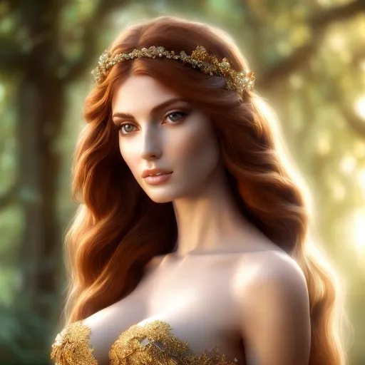 Prompt: HD 4k 3D, hyper realistic, professional modeling, ethereal  Greek goddess of oak,auburn hair, pale skin, gorgeous face, gorgeous tree dress, tree jewelry and oak handband, full body, ambient glow, oak tree nymph, landscape, detailed, elegant, ethereal, mythical, Greek, goddess, surreal lighting, majestic, goddesslike aura