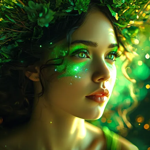 Prompt: Tranquillitas, Green Goddess of Peace and Tranquility, Pre-Raphaelite time-lapse motion blur Abstract* cyber graffiti, High resolution, detailed portrait, Midjourney style, ethereal atmosphere, flowing hair, captivating eyes, cosmic mystical aura, vibrant colors, soft lighting, professional, digital painting, enchanting presence, fantasy, dreamy, female, mystical, detailed hair, captivating gaze, professional lighting, hyper realistic, HD 4k 3D, professional modeling, ethereal, gorgeous face, ambient divine glow, detailed and intricate, elegant, ethereal, mythical, goddess, radiant lighting, majestic, goddesslike aura