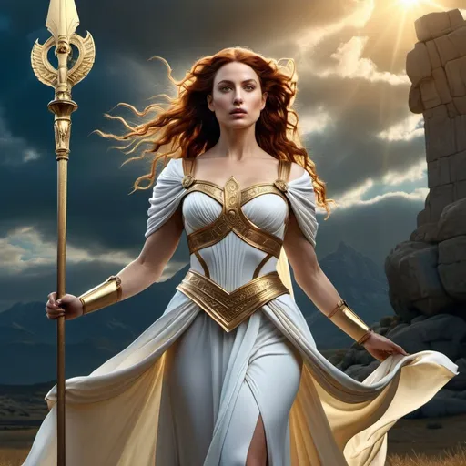 Prompt: HD 4k 3D 8k professional modeling photo hyper realistic beautiful woman enchanted Princess Cordelia of France, ethereal greek goddess, full body surrounded by ambient glow, magical, highly detailed, intricate, leading French army carrying banner, brave and good, outdoor war scene landscape, high fantasy background, elegant, mythical, surreal lighting, majestic, goddesslike aura, Annie Leibovitz style 

