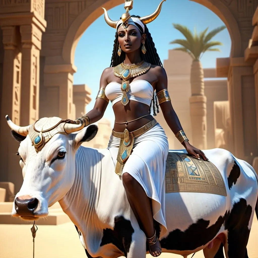 Prompt: HD 4k 3D, 8k, hyper realistic, professional modeling, ethereal Egyptian Cow Goddess Hesat, beautiful, glowing dark skin, white hair, mythical clothing and jewelry, headband, cow goddess, full body, riding a white cow in a beautiful oasis, Fantasy setting, surrounded by ambient divine glow, detailed, elegant, surreal dramatic lighting, majestic, goddesslike aura, octane render