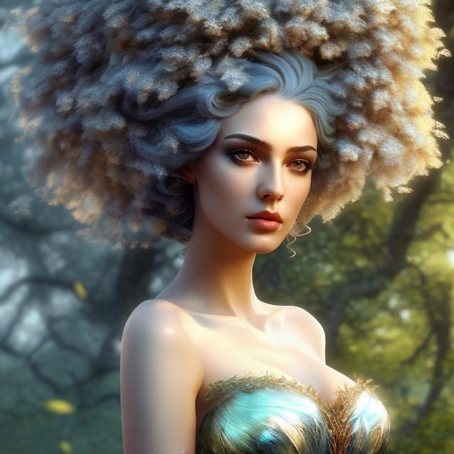 Prompt: HD 4k 3D, hyper realistic, professional modeling, ethereal  Greek goddess of elm trees, blue hair, mixed skin, gorgeous face, gorgeous tree dress, tree jewelry and elm crown, full body, ambient glow, elm tree nymph, landscape, detailed, elegant, ethereal, mythical, Greek, goddess, surreal lighting, majestic, goddesslike aura