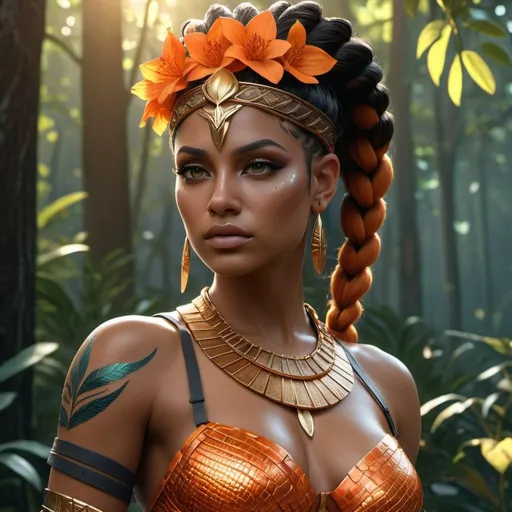 Prompt: HD 4k 3D, 8k, hyper realistic, professional modeling, ethereal Greek Goddess and Amazonian Queen, orange french braided hair, dark skin, gorgeous glowing face, Amazonian Warrior reptile scales armor, red jewelry and headband, Amazon warrior, tattoos, full body, forest at dusk, deer companions, surrounded by ambient divine glow, detailed, elegant, mythical, surreal dramatic lighting, majestic, goddesslike aura