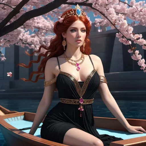 Prompt: HD 4k 3D, 8k, hyper realistic, professional modeling, ethereal Greek Goddess Princess of Thebes, red hair, fair skin, gorgeous glowing face, black dress, pink gemstone jewelry and tiara, riding in funeral boat adorned with cherry blossoms, surrounded by ambient divinity glow, detailed, elegant, mythical, surreal dramatic lighting, majestic, goddesslike aura