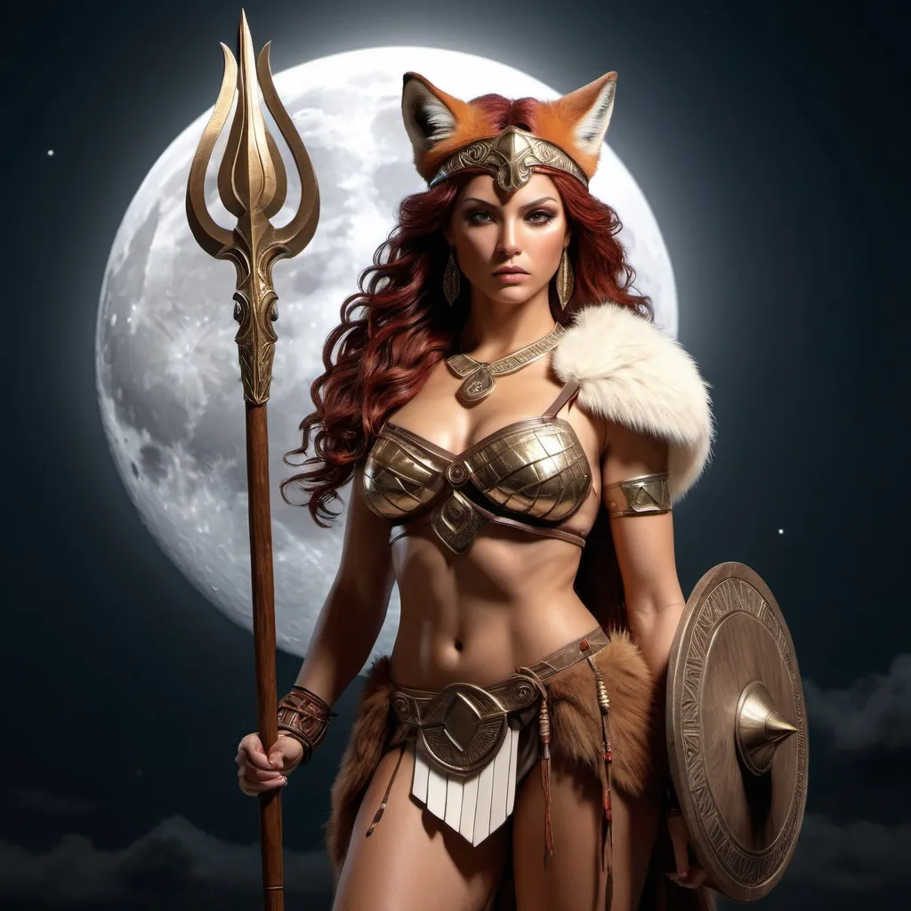 Prompt: HD 4k 3D, hyper realistic, professional modeling, ethereal Greek Goddess of the hunt and the moon, dark red hair, tan skin, gorgeous face, animal pelt armor and boots, barbarian brown jewelry and headband, full body, wooden spear, full moon, red fox companion, detailed, elegant, ethereal, mythical, Greek, goddess, surreal lighting, majestic, goddesslike aura