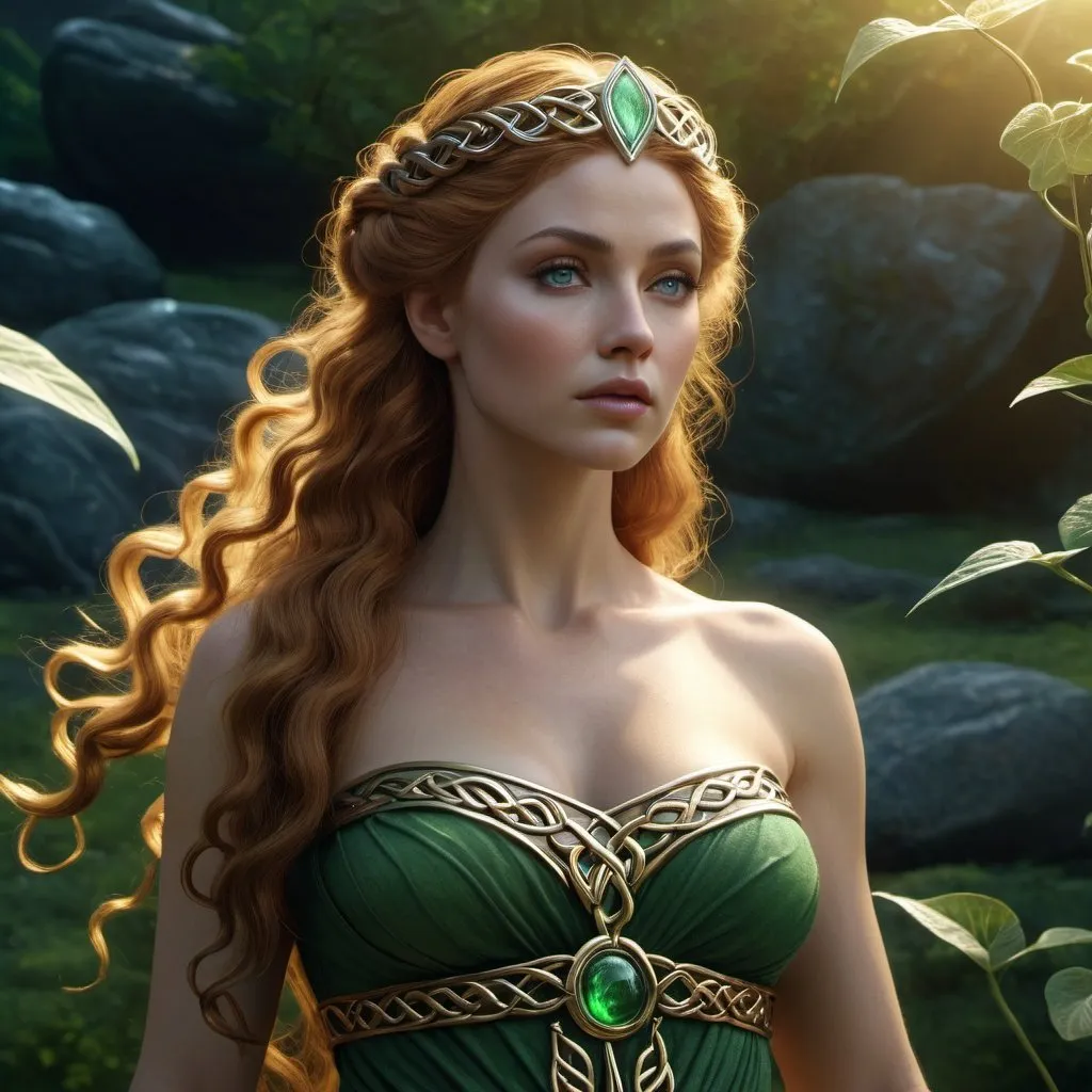 Prompt: HD 4k 3D, hyper realistic, professional modeling, enchanted Celtic goddess enchantress mythology Princess, beautiful, magical, detailed, highly realistic woman, high fantasy Celtic landscape, elegant, ethereal, mythical, Greek goddess, surreal lighting, majestic, goddesslike aura, Annie Leibovitz style 