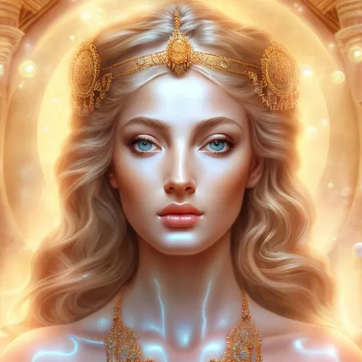 Prompt: HD 4k 3D, hyper realistic, professional modeling, ethereal Greek goddess of soothing, orange and blonde hair, mixed skin, gorgeous face, jewelry and headpiece, full body, ambient glow, calm goddess, luxurious bubble bath, bath house spa landscape, detailed, elegant, ethereal, mythical, Greek, goddess, surreal lighting, majestic, goddesslike aura