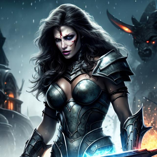 Prompt: HD 4k 3D 8k professional modeling photo hyper realistic beautiful barbarian demon woman ethereal greek goddess of mad rage and frenzy
dark gray hair dark eyes gorgeous face pale skin scarred shiny tattered armored dress  full body surrounded by evil glow hd landscape background tough woman at night with falling snow and rabid wolves at her command