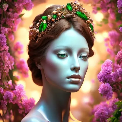 Prompt: HD 4k 3D, hyper realistic, professional modeling, ethereal Greek goddess of spring and flowers, red hair, brown skin, gorgeous face, gorgeous floral and green grecian dress, floral jewelry and flower headpiece, full body, ambient glow, flower nymph in springtime, landscape, detailed, elegant, ethereal, mythical, Greek, goddess, surreal lighting, majestic, goddesslike aura