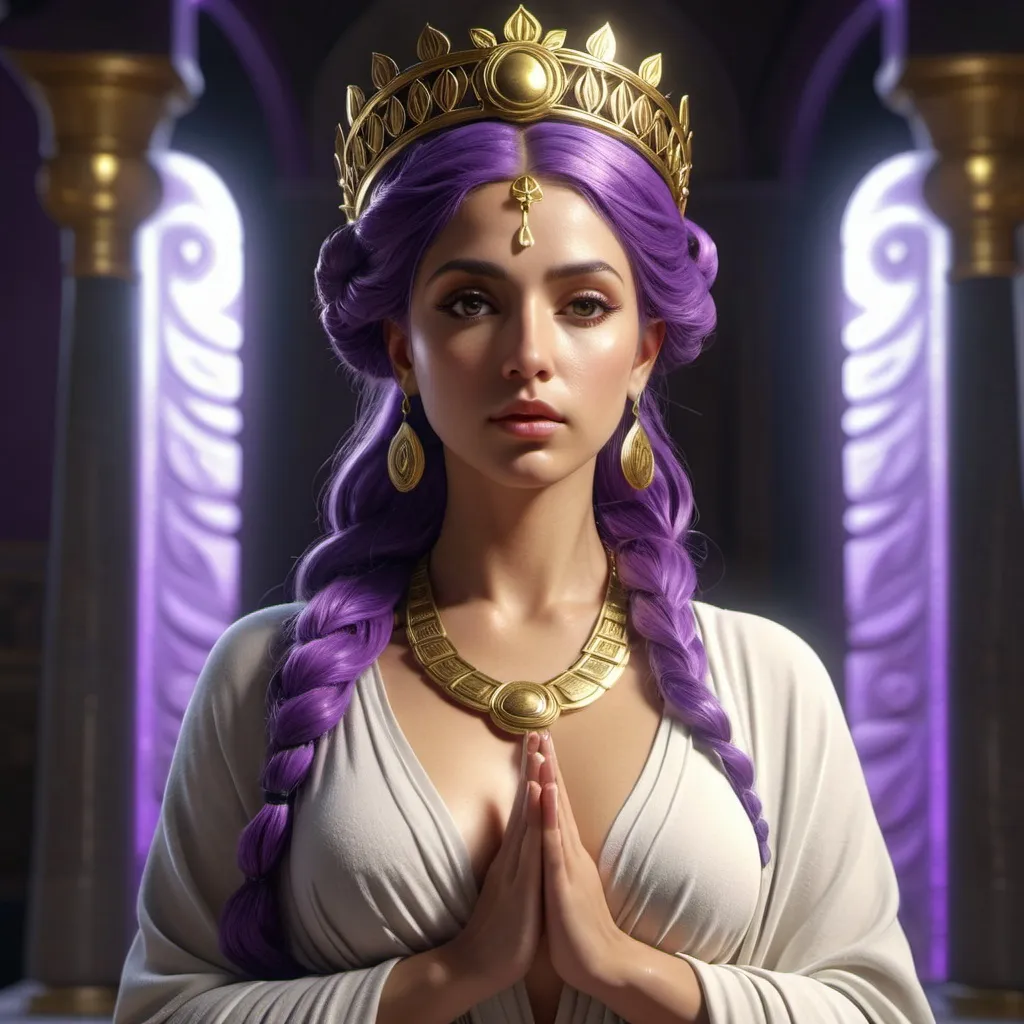 Prompt: HD 4k 3D, hyper realistic, professional modeling, ethereal Greek Muse of Meditation, bright purple hair, olive skin, gorgeous face, grecian robes, lotus jewelry and diadem, full body, embodiment of meditation, yoga pose, beautiful form, tranquility, detailed, elegant, ethereal, mythical, Greek, goddess, surreal lighting, majestic, goddesslike aura