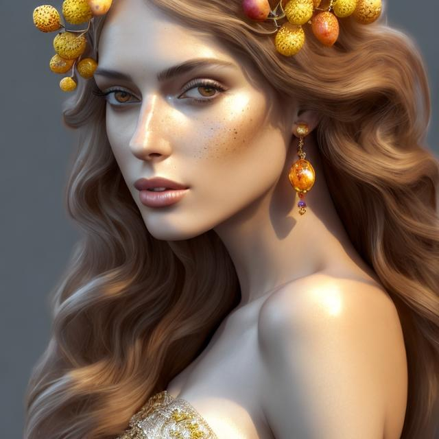 Prompt: HD 4k 3D, hyper realistic, professional modeling, ethereal  Greek goddess of fruit trees, amber hair, mixed freckled skin, gorgeous face, gorgeous fruit tree dress, tree jewelry and amber tiara, full body, ambient sunshine glow, fruit tree nymph, landscape, detailed, elegant, ethereal, mythical, Greek, goddess, surreal lighting, majestic, goddesslike aura