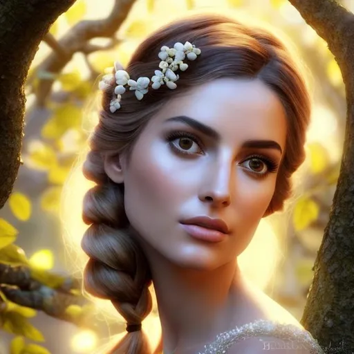 Prompt: HD 4k 3D, hyper realistic, professional modeling, ethereal Greek goddess of apple trees, light brown pigtail hair, olive skin, gorgeous face, gorgeous white dress, rustic jewelry and apple blossom headpiece, full body, ambient glow, apple tree orchard, landscape, detailed, elegant, ethereal, mythical, Greek, goddess, surreal lighting, majestic, goddesslike aura