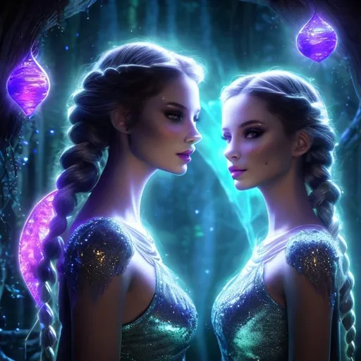 Prompt: HD 4k 3D 8k professional modeling photo hyper realistic two beautiful infernal twin nymphs women ethereal greek goddesses of the underworld
silver braided buns hair light eyes glittery pale skin gorgeous face mystical dress magical jewelry pixie wings carrying torches surrounded by mystical ambient glow hd landscape haunted underworld with sprites and glowing lights magic
