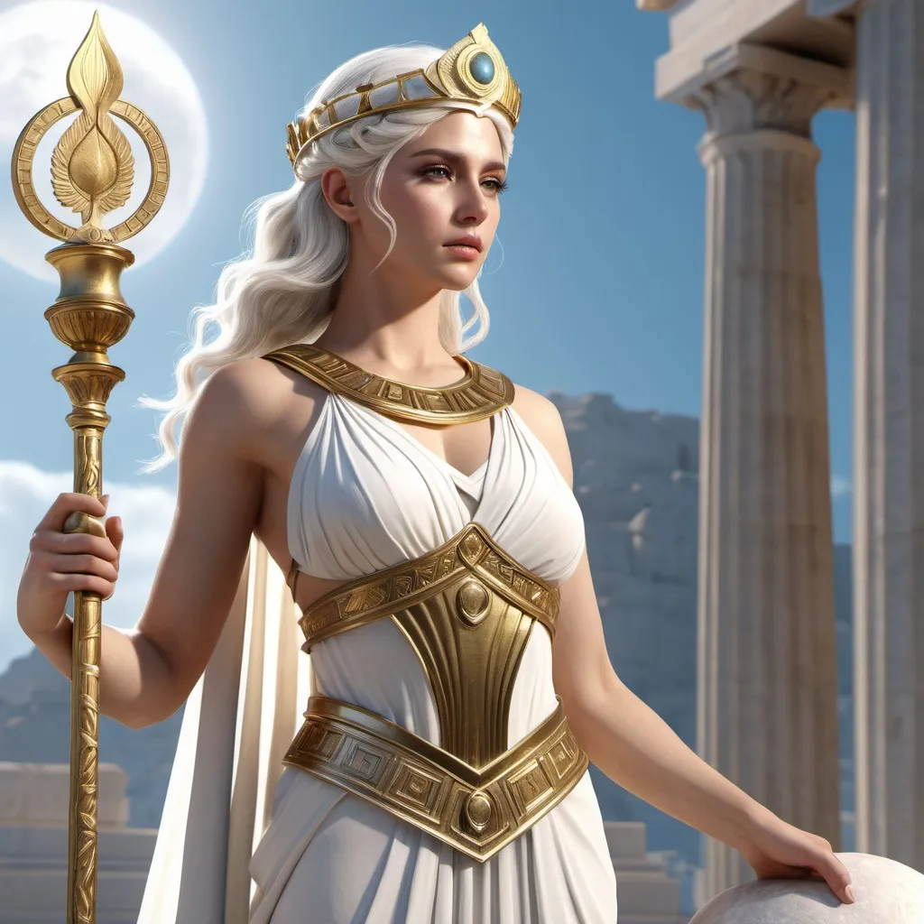 Prompt: HD 4k 3D, hyper realistic, professional modeling, ethereal Greek Muse of History, straight white hair, fair skin, gorgeous face, grecian warrior outfit, onyx jewelry and laurel crown, full body, proclaimer, glorious, holding scrolls and lyre, on mount olympus, detailed, elegant, ethereal, mythical, Greek, goddess, surreal lighting, majestic, goddesslike aura