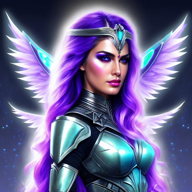 Prompt: HD 4k 3D 8k professional modeling photo hyper realistic beautiful  woman ethereal greek goddess of thunder
green blue and purple hair olive skin gorgeous face shining silver armor shield silver jewelry cloudy headpiece fairy wings full body surrounded by ambient glow hd landscape power of mighty thunder and clouds

