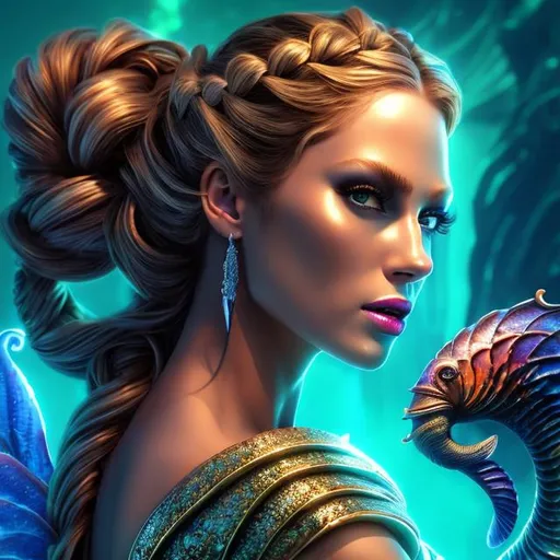 Prompt: HD 4k 3D 8k professional modeling photo hyper realistic beautiful evil woman ethereal greek goddess sea witch 
gold dutch braided hair dark eyes gorgeous face dark seashell jewelry dark seashell tiara dark mermaid tail full body surrounded by ambient glow hd landscape dark magic underwater abyss sea monsters sharks eels squid
