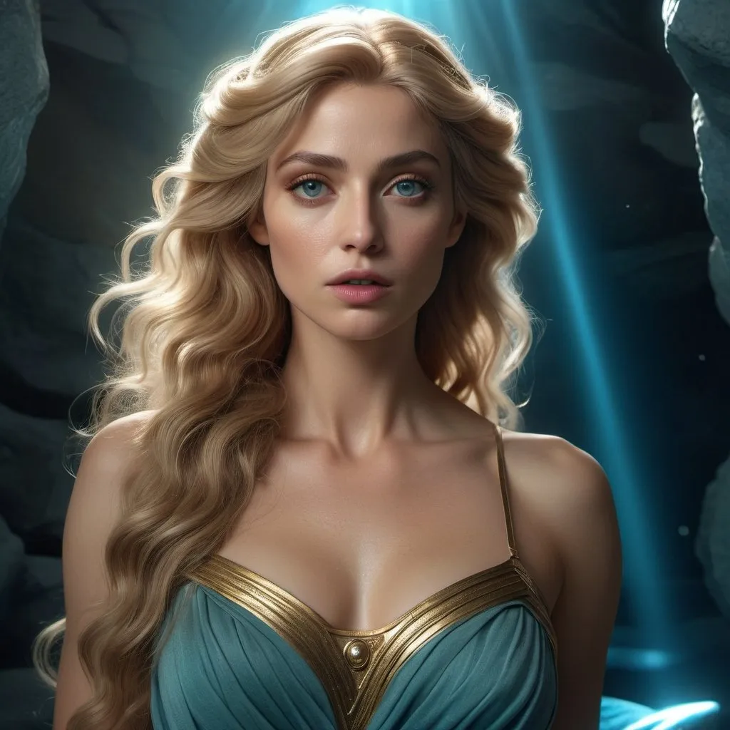 Prompt: HD 4k 3D, hyper realistic, professional modeling, enchanted modern Alternative Rock style Aurora, beautiful, magical, detailed, highly realistic woman, elegant, ethereal, mythical, Greek goddess, surreal lighting, majestic, goddesslike aura, Annie Leibovitz style 