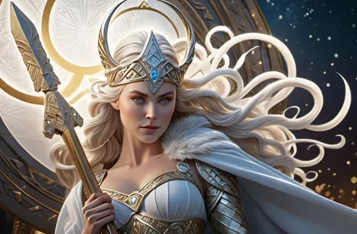 Prompt: tarot card illustration, Dis Norse Goddess of protection, hyperrealistic, HD 4k 3D 8k professional modeling photo, beautiful white maiden, enchanted, battle magic, surrounded by ambient glow, magical, highly detailed, intricate, mythical background, elegant, surreal lighting, majestic, goddesslike aura