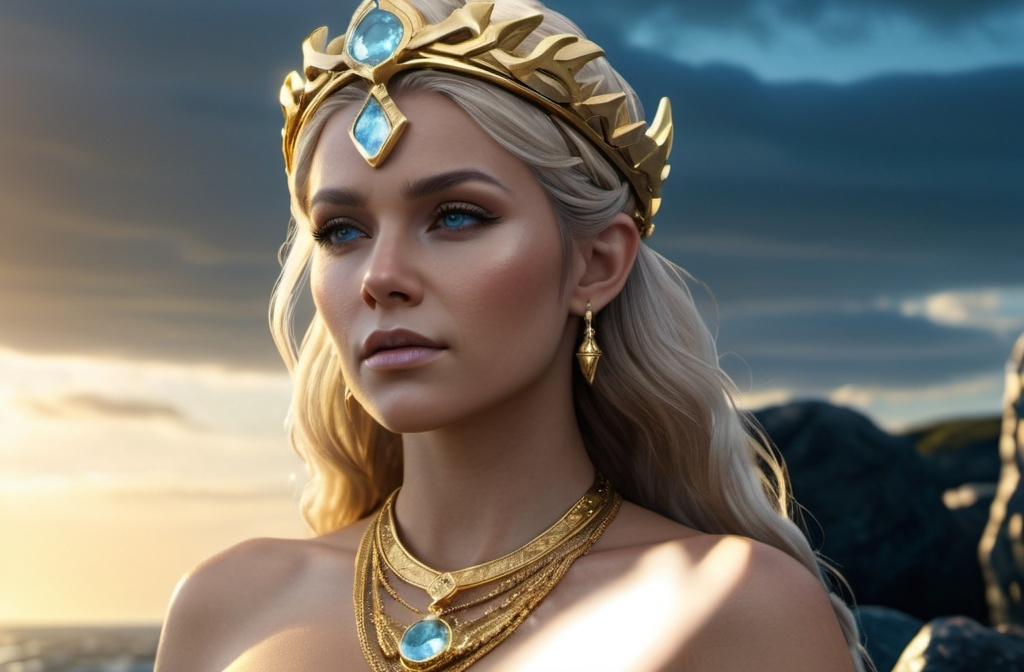 Prompt: Gullveig Norse Goddess of Gold,  hyper realistic, HD 4k 3D, professional modeling, ethereal, light blue updo hair, light brown skin, gorgeous face, gorgeous gold jewelry and headband, full body, in a chamber of gold, ambient glow, ocean landscape, detailed, elegant, ethereal, mythical, goddess, moody lighting, majestic, goddesslike aura, Norse Mythology