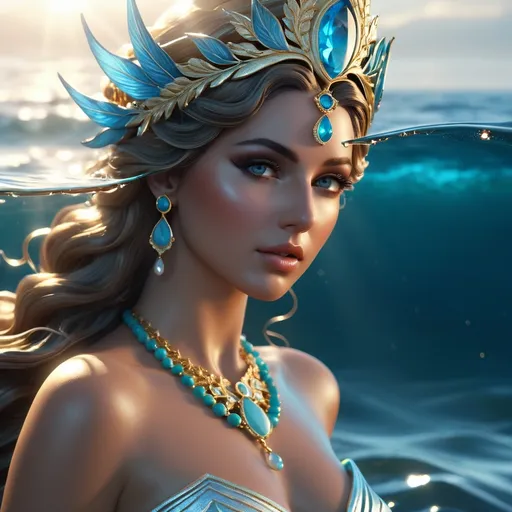 Prompt: Greek Siren/Water-Nymph Achelois 'she who drives away pain' hyper realistic, HD 4k 3D, professional modeling, ethereal, gorgeous face, Ocean and Greek jewelry and headpiece, ambient divine glow, detailed and intricate, elegant, ethereal, mythical, goddess, radiant lighting, majestic, goddesslike aura, she lives in the Ocean