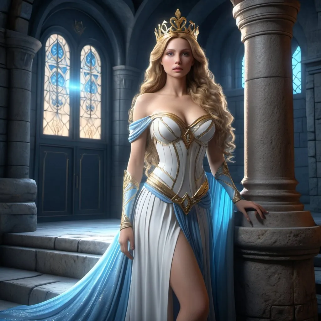 Prompt: HD 4k 3D, hyper realistic, professional modeling, enchanted German Princess, very long hair, castle tower, beautiful, magical, detailed, elegant, ethereal, mythical, Greek goddess, surreal lighting, majestic, goddesslike aura