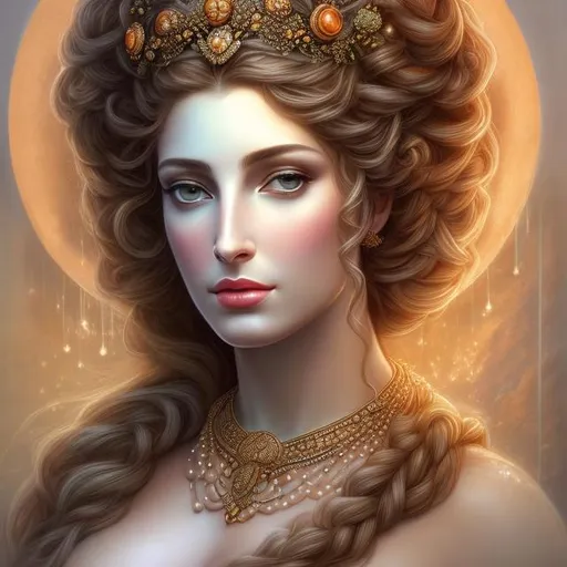 Prompt: HD 4k 3D, hyper realistic, professional modeling, ethereal Greek goddess mother of mountains, orange milkmaid braids hair, dark skin, gorgeous face, gorgeous grecian tunic, rustic jewelry and rustic tiara, full body, ambient glow, mountain nymph on stone throne lion at her feet, landscape, detailed, elegant, ethereal, mythical, Greek, goddess, surreal lighting, majestic, goddesslike aura