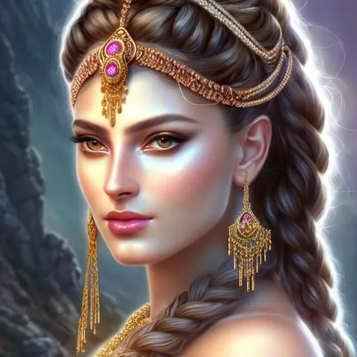 Prompt: HD 4k 3D, hyper realistic, professional modeling, ethereal Greek goddess of mountains and hunting, pink cornrow braids hair, olive skin, gorgeous face, gorgeous grecian warrior armor and weapons,  jewelry and headband, full body, ambient glow, mountain and animals nymph, landscape, detailed, elegant, ethereal, mythical, Greek, goddess, surreal lighting, majestic, goddesslike aura