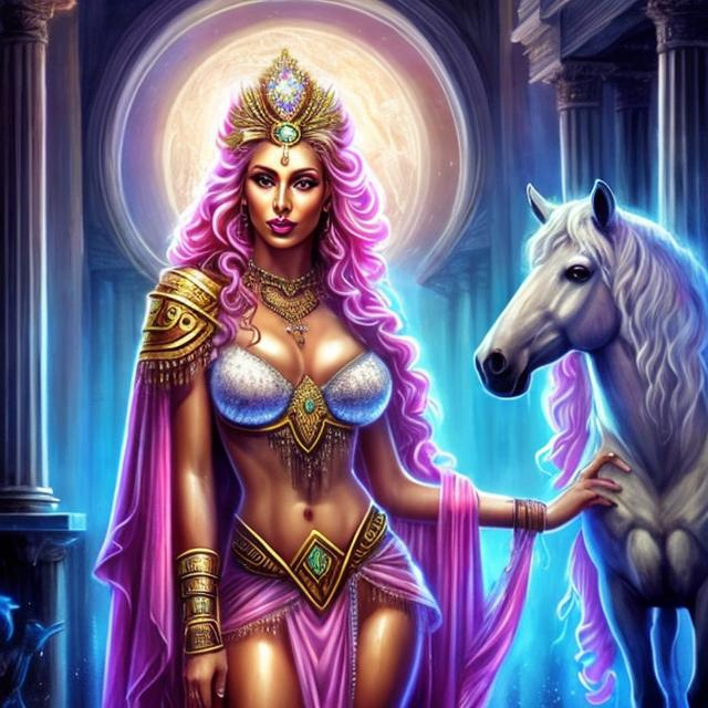 Prompt: HD 4k 3D, hyper realistic, professional modeling, ethereal Greek warrior goddess of mysteries, pink half up hair, white skin, gorgeous face, gorgeous priestess gown and veil, pagan jewelry, full body, ambient glow, mistress goddess, standing next to a stallion, detailed, elegant, ethereal, mythical, Greek, goddess, surreal lighting, majestic, goddesslike aura