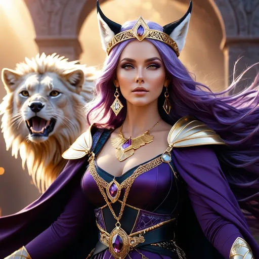 Prompt: Freyja, evil Norse witch, is a goddess associated with love, beauty, fertility, war, gold, and seiðr (magic for seeing and influencing the future). Freyja is the owner of the necklace Brísingamen, rides a chariot pulled by two cats, is accompanied by the boar Hildisvíni, and possesses a cloak of falcon feathers., hyper realistic, HD 4k 3D, professional modeling, ethereal, purple hair, beige skin, gorgeous face, jewelry and headpiece, ambient divine glow, detailed and intricate, elegant, ethereal, mythical, goddess, radiant lighting, majestic, goddesslike aura