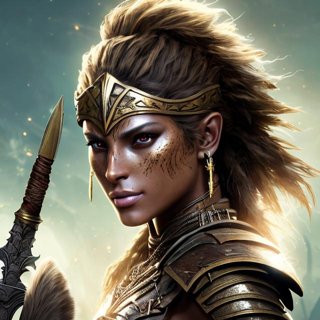 Prompt: HD 4k 3D 8k professional modeling photo hyper realistic beautiful warrior tribal woman ethereal greek goddess of pursuit
bronze hair brown eyes mixed freckled skin gorgeous face shimmering battle armor iron jewelry iron and feathered headpiece holding weapons full body surrounded by mystical glow hd landscape background she tracks and pursues enemies. She is hunting and running after them with eagles through the dark forest
