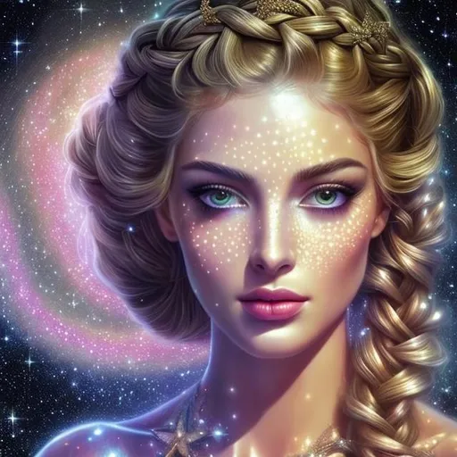 Prompt: HD 4k 3D, hyper realistic, professional modeling, ethereal Greek goddess of the stars, gold braided hair, olive freckled skin, gorgeous face, gorgeous shimmering dress,  shimmering jewelry and headpiece of stars, fairy wings, full body, ambient starlight glow, cosmos asteroid belt, dazzling light, landscape, detailed, elegant, ethereal, mythical, Greek, goddess, surreal lighting, majestic, goddesslike aura