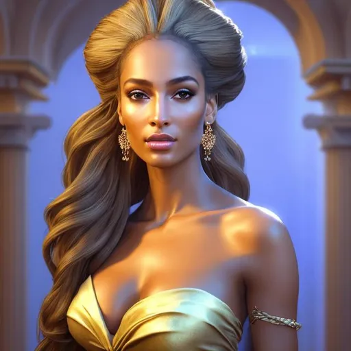 Prompt: HD 4k 3D, hyper realistic, professional modeling, ethereal Greek goddess of hygiene, blonde ponytail hair, brown skin, flowing silk gown, gorgeous face, gemstone jewelry and headband, full body, ambient glow, clean enchantress, carrying large python and potion, detailed, elegant, ethereal, mythical, Greek, goddess, surreal lighting, majestic, goddesslike aura