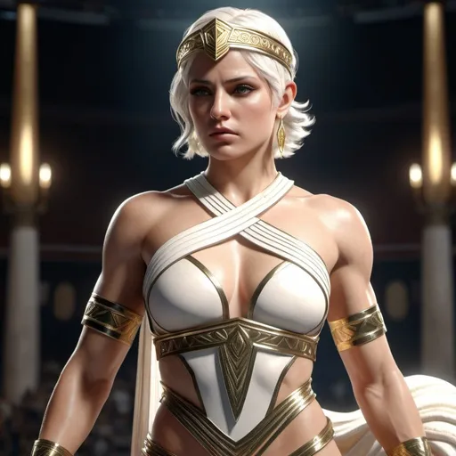 Prompt: HD 4k 3D, hyper realistic, professional modeling, ethereal Greek Goddess of Wrestling, short white hair, fair skin, gorgeous face,  grecian warrior armor, agate jewelry and headpiece, full body, athletic, olympian, muscular, in olympic forum, detailed, elegant, ethereal, mythical, Greek, goddess, surreal lighting, majestic, goddesslike aura