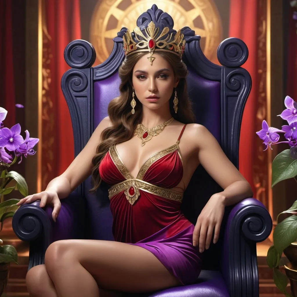 Prompt: HD 4k 3D, 8k, hyper realistic, professional modeling, ethereal Greek Goddess and Queen of Ithaca, brown hair, medium skin, gorgeous glowing face, red skimpy dress, purple jewelry and tiara, on a throne, reclined, gloxinia flowers, surrounded by ambient divinity glow, detailed, elegant, mythical, surreal dramatic lighting, majestic, goddesslike aura