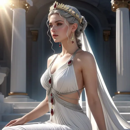 Prompt: HD 4k 3D, hyper realistic, professional modeling, ethereal Greek Goddess of Love Charms, light gray pulled back hair, white skin, gorgeous face,  grecian feminine gown, garnet jewelry and diadem, full body, enchantress, lovebirds, passionate, magic scenery, detailed, elegant, ethereal, mythical, Greek, goddess, surreal lighting, majestic, goddesslike aura