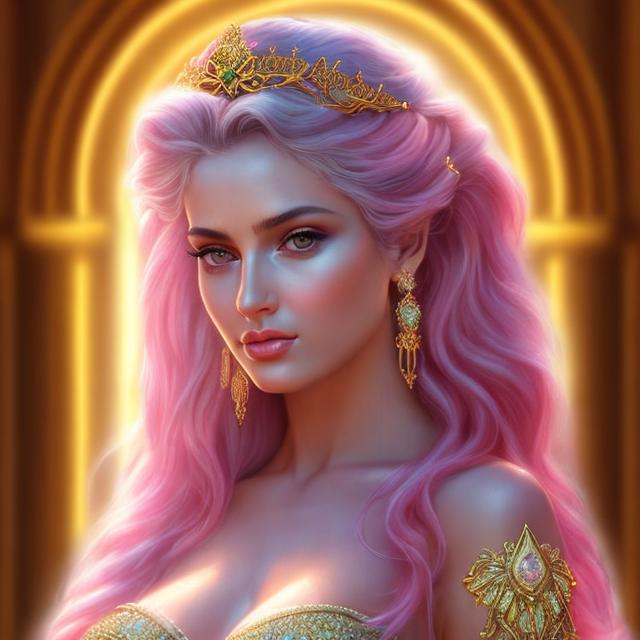 Prompt: HD 4k 3D, hyper realistic, professional modeling, ethereal Greek goddess of banquets, pink ombre hair, mixed skin, embroidered robes, gorgeous face, regal jewelry and diadem, full body, ambient glow, goddess at royal banquet, scales of justice, detailed, elegant, ethereal, mythical, Greek, goddess, surreal lighting, majestic, goddesslike aura