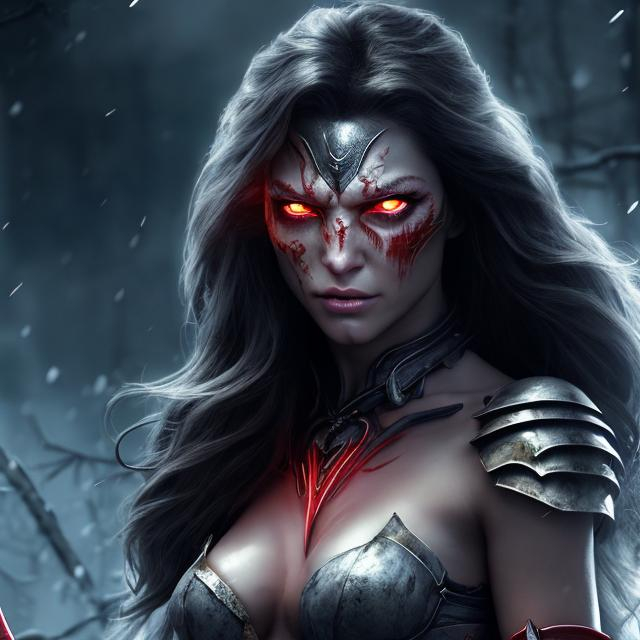 Prompt: HD 4k 3D 8k professional modeling photo hyper realistic beautiful barbarian demon woman ethereal greek goddess of mad rage and frenzy
dark gray hair red eyes gorgeous face pale skin scarred shiny tattered armored dress  full body surrounded by evil glow hd landscape background tough woman at night with falling snow and rabid wolves at her command