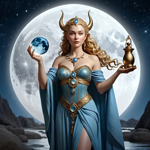 Prompt: tarot card  illustration, Bil Norse Goddess of lunar phases, waxing and waning moon, hyperrealistic, HD 4k 3D 8k professional modeling photo, beautiful pale woman enchanted, carrying pail of water, close up full body surrounded by ambient glow, magical, highly detailed, intricate, mythical background, elegant, surreal lighting, majestic, goddesslike aura