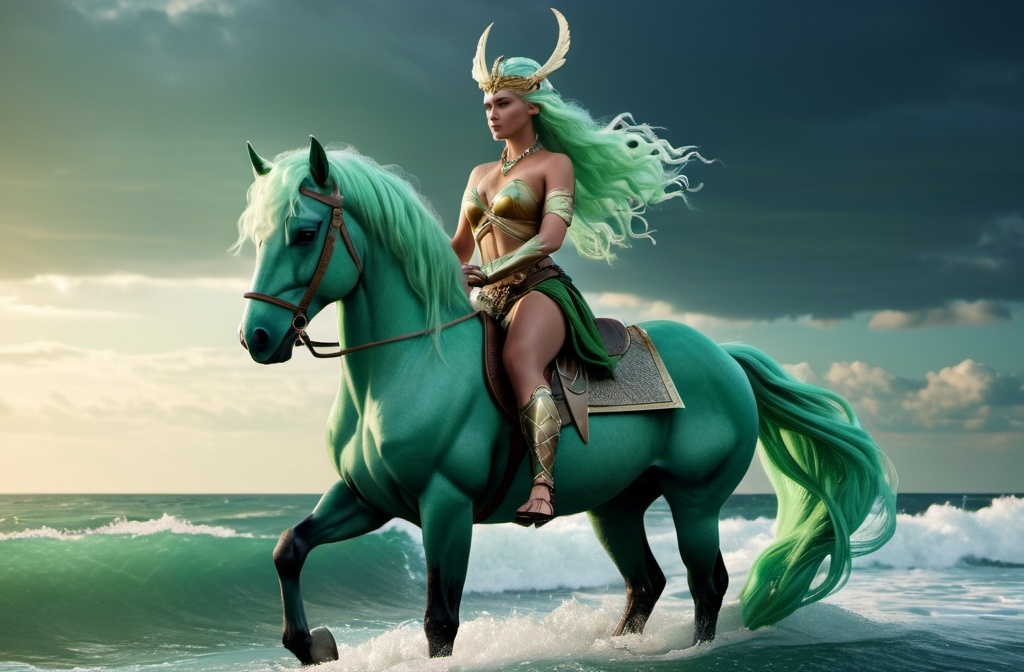 Prompt: Gna Norse Messenger Goddess,  hyper realistic, HD 4k 3D, professional modeling, ethereal, light green hair, medium skin, gorgeous face, gorgeous jewelry and headpiece, full body, she rides a flying sea-treading horse, ambient glow, ocean landscape, detailed, elegant, ethereal, mythical, goddess, moody lighting, majestic, goddesslike aura, Norse Mythology