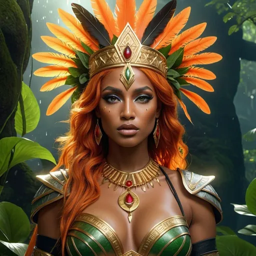 Prompt: HD 4k 3D, 8k, hyper realistic, professional modeling, ethereal Greek Goddess and Amazonian Queen, orange hair, black skin, gorgeous glowing face, Amazonian Warrior armor, red jade jewelry and crown and golden girdle, Amazon warrior, tattoos, full body, rainy green hills, adorned with cardinal feathers and gloriosa lilies, horses, surrounded by ambient divine glow, detailed, elegant, mythical, surreal dramatic lighting, majestic, goddesslike aura