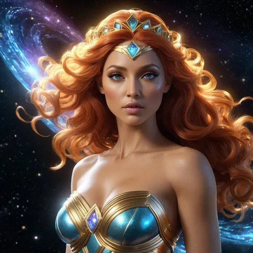 Prompt: HD 4k 3D, hyper realistic, professional modeling, enchanted Cosmic Princess - Starfire, strong, beautiful, magical, superpowers, outer space, detailed, elegant, ethereal, mythical, Greek goddess, surreal lighting, majestic, goddesslike aura