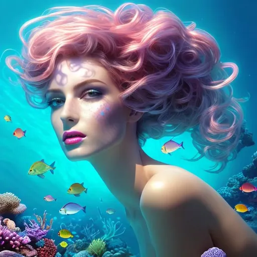 Prompt: HD 4k 3D 8k professional modeling photo hyper realistic beautiful woman ethereal greek goddess sea nymph 
pinks twisted rope hair black freckled skin gorgeous face ocean jewelry sea crown mermaid tail full body surrounded by ambient glow hd landscape bubbles water sea turtles fish and coral reef kelp 

