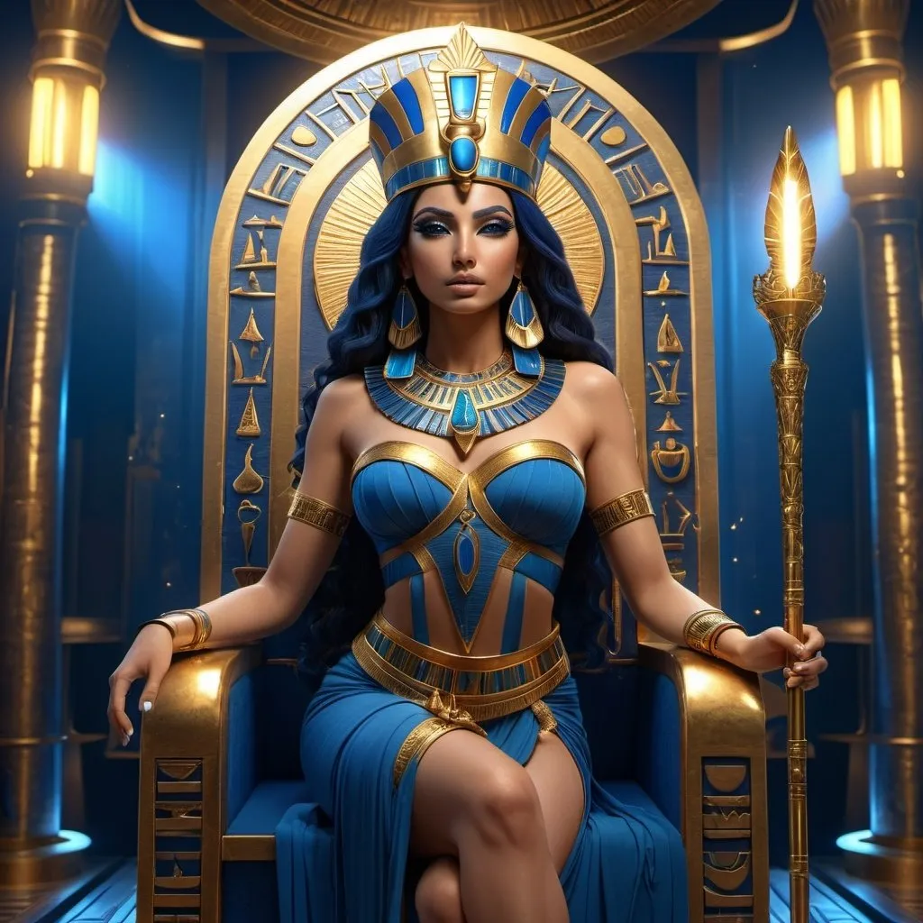 Prompt: HD 4k 3D, 8k, hyper realistic, professional modeling, ethereal Egyptian Goddess style, Ruler Goddess, beautiful, holding scepter,  glowing fair skin, dark blue hair, mythical regal gown, crown, full body, powerful, on throne on egyptian boat, Fantasy setting, surrounded by ambient divine glow, detailed, elegant, surreal dramatic lighting, majestic, goddesslike aura, octane render, artistic and whimsical