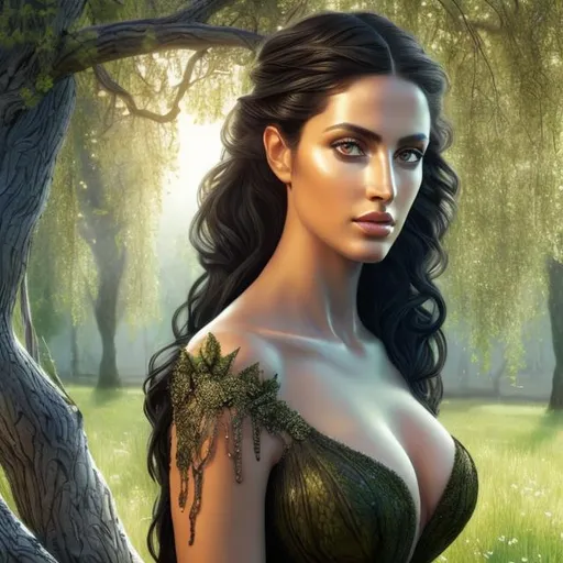 Prompt: HD 4k 3D, hyper realistic, professional modeling, ethereal  Greek goddess of black poplar, green fishtail braid hair, olive skin, gorgeous face, gorgeous black tree dress, tree jewelry and black poplar diadem, full body, ambient glow, black poplar tree nymph, landscape, detailed, elegant, ethereal, mythical, Greek, goddess, surreal lighting, majestic, goddesslike aura