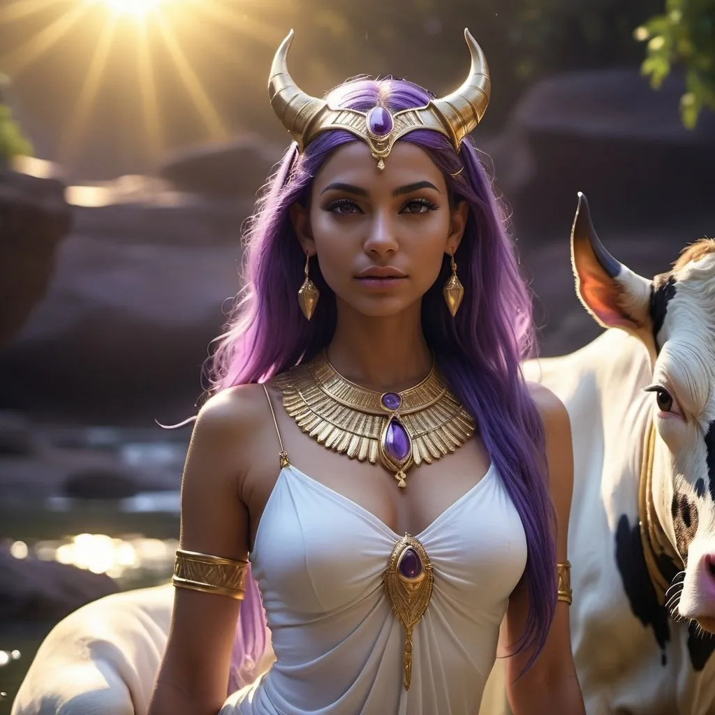 Prompt: HD 4k 3D, 8k, hyper realistic, professional modeling, ethereal Egyptian Soul Goddess Bat, beautiful, glowing olive skin, purple hair, mythical clothing and jewelry, tiara, cow ears and horns, full body surrounded and backlit by magical, glowing, ethereal light, cow companions, Nile River in colorful background, surrounded by ambient divine glow, detailed, elegant, surreal dramatic lighting, majestic, goddesslike aura, octane render, fantasy setting, otherworldy