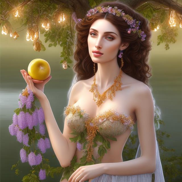 Prompt: HD 4k 3D, hyper realistic, professional modeling, ethereal  Greek goddess of fruit trees, black hair, pale freckled skin, gorgeous face, gorgeous fruit tree dress, tree jewelry and fruit diadem, full body, ambient glow, fruit tree nymph next to river, landscape, detailed, elegant, ethereal, mythical, Greek, goddess, surreal lighting, majestic, goddesslike aura