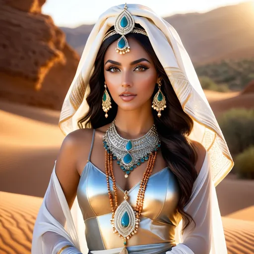 Prompt:  Aicha Kandicha is a female mythological figure in Moroccan folklore, she is a Jinn and typically depicted as a beautiful young woman who has the legs of a hoofed animal such as a goat or camel.  she is generally thought to live near water sources, and is said to use her beauty to lure men,  hyper realistic, HD 4k 3D, professional modeling, ethereal, gorgeous face, Moroccan jewelry and headpiece, ambient divine glow, detailed and intricate, elegant, ethereal, mythical, goddess, radiant lighting, majestic, goddesslike aura, mystic Moroccan landscape