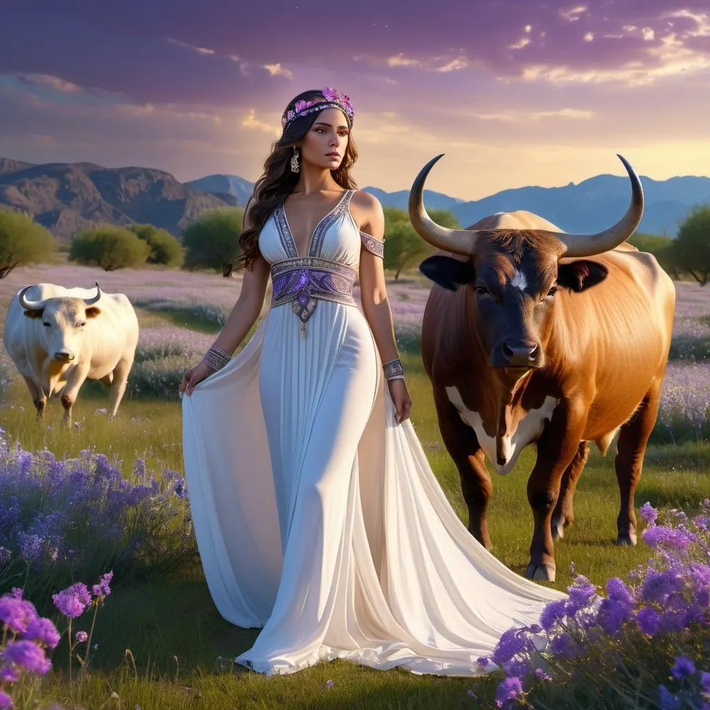 Prompt: HD 4k 3D, 8k, hyper realistic, professional modeling, ethereal Greek Goddess Phoenician Princess, brunette hair, brown skin, gorgeous glowing face, flowing embroidered gown, purple gemstone jewelry and headband, standing next to a white bull in a field of wildflowers, surrounded by ambient divinity glow, detailed, elegant, mythical, surreal dramatic lighting, majestic, goddesslike aura