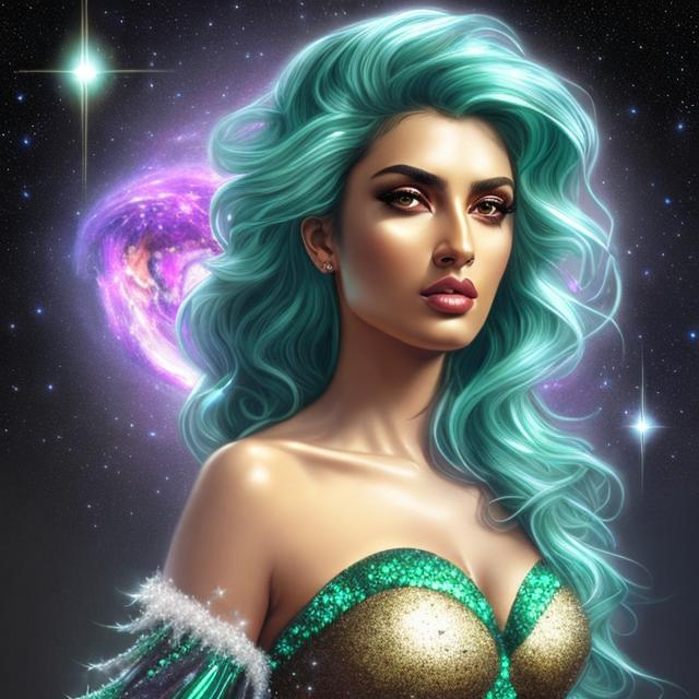 Prompt: HD 4k 3D, hyper realistic, professional modeling, ethereal Greek goddess of the stars, emerald green hair, mixed skin, gorgeous face, gorgeous dark metallic glittering dress,  dark glittering metallic jewelry and tiara of stars, angel wings, full body, ambient starlight glow, dark star, dark cosmos, black hole, dazzling light, landscape, detailed, elegant, ethereal, mythical, Greek, goddess, surreal lighting, majestic, goddesslike aura